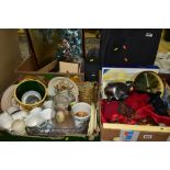 THREE BOXES AND LOOSE CERAMICS, GLASS, PICTURES, LUGGAGE, BAGS, HATS AND SUNDRY ITEMS, to include