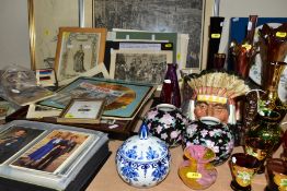 A GROUP OF CERAMICS, GLASS, PRINTS AND EPHEMERA, including a Royal Doulton 'North American Indian'