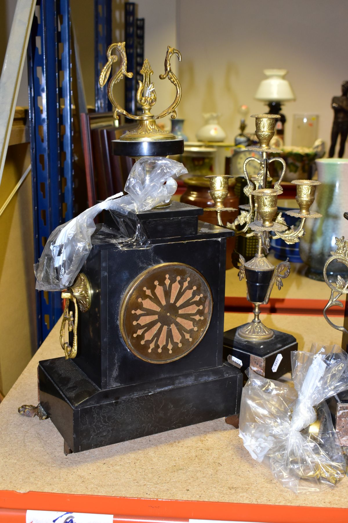 TWO SLATE AND MARBLE AND GILT METAL MANTLE CLOCKS, comprising a clock garniture signed Theophile Job - Image 5 of 15