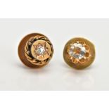 TWO EARLY 20TH CENTURY GOLD DIAMOND DRESS STUDS, the first a single stone stud set with an old