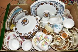 A BOX OF ASSORTED CERAMIC TEA AND DINNERWARES, to include two Midwinter Kismet tureens, twelve