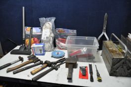 A SELECTION OF TOOLS to include a metal toolbox, a box of various tools a bag containing climbing