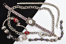 A BAG OF ASSORTED WHITE METAL JEWELLERY, to include a lady's wristwatch, small round white dial with
