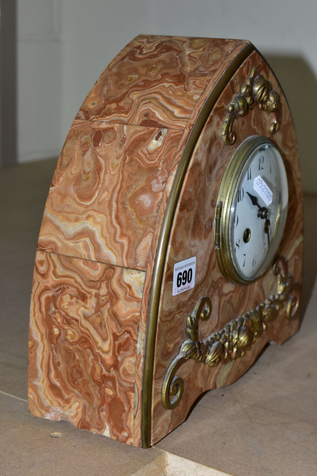 AN EARLY 20TH CENTURY JAPY FRERES ORANGE MARBLE ARCH SHAPED MANTEL CLOCK, the white enamel dial with - Image 6 of 9