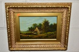 A PAIR OF LATE 19TH CENTURY LANDSCAPES DEPICTING COTTAGES AND OUTBUILDINGS, indistinct monogram