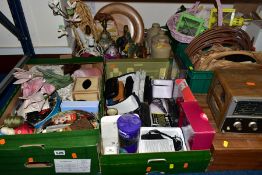FIVE BOXES AND LOOSE VINTAGE RADIO, LAMPS, ORNAMENTS, SEWING ACCESSORIES AND SUNDRY ITEMS, to