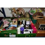 FIVE BOXES AND LOOSE VINTAGE RADIO, LAMPS, ORNAMENTS, SEWING ACCESSORIES AND SUNDRY ITEMS, to