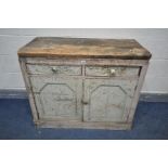 A 19TH CENTURY PAINTED SIDEBOARD, with two drawers above double panelled cupboard doors, width 104cm