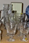 SEVEN PIECES OF CUT CRYSTAL GLASSWARES, comprising a boxed Galway Irish crystal Orbit oval vase