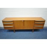 MCINTOSH AND CO TEAK SIDEBOARD, the two banks of three graduated drawers with brass handles flanking