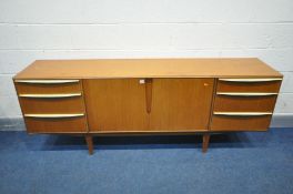 MCINTOSH AND CO TEAK SIDEBOARD, the two banks of three graduated drawers with brass handles flanking