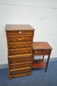 A TALL REPRODUCTION YEW WOOD CHEST OF SIX DRAWERS, width 52cm x depth 39cm x height 118cm together
