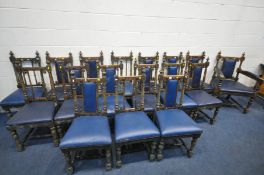 A SET OF SEVENTEEN 19TH CENTURY OAK BOARDROOM CHAIRS, with blue leatherette upholstery, including