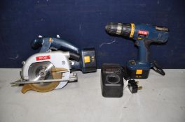 A RYOBI CW-1440 cordless circular saw, a Ryobi CDI-1440 cordless drill with Ryobi BC-1415-S