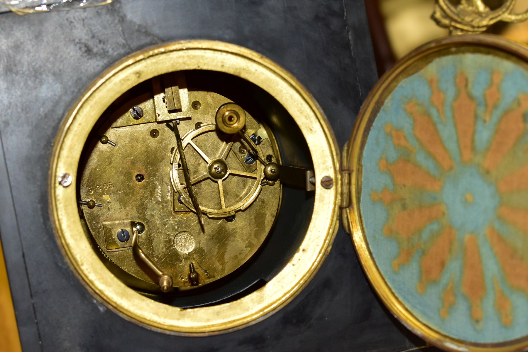 TWO SLATE AND MARBLE AND GILT METAL MANTLE CLOCKS, comprising a clock garniture signed Theophile Job - Image 6 of 15