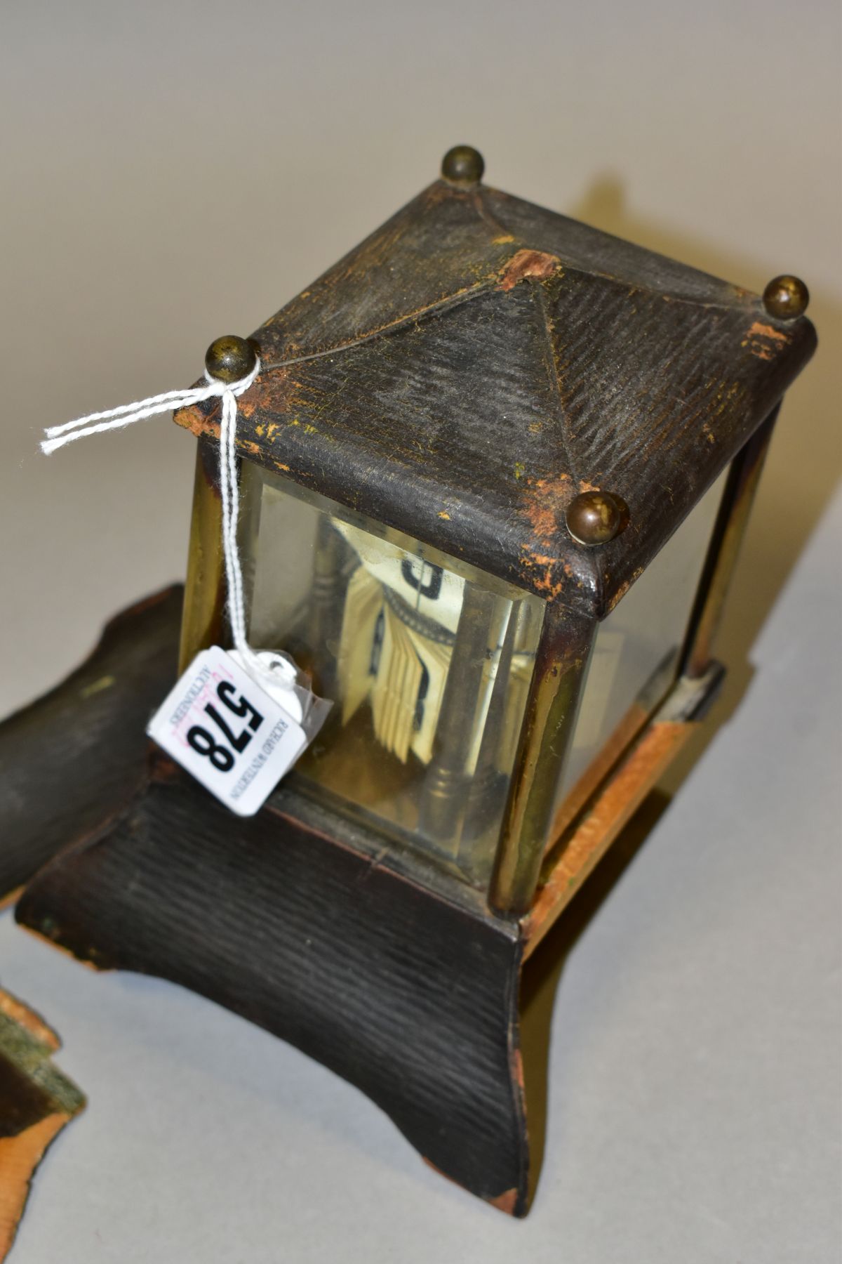 AN EDWARDIAN BRASS AND LEATHER CASED PERPETUAL CALENDAR, in an architectural case, lacks finial, the - Image 5 of 8