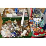 TWO BOXES AND LOOSE CERAMICS, ORNAMENTS, CHRISTMAS DECORATIONS, SAT NAV, CDS, NATURAL AND SUNDRY