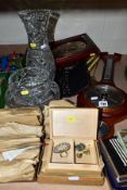 A BOX OF GLASSWARES, CIGARETTE CARDS, VINTAGE CIGARETTE PACKETS, A WALL CLOCK, A BAROMETER AND