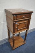 A 20TH CENTURY FRENCH WALNUT POT CUPOARD, with a marble top, single drawer and single door enclosing