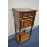 A 20TH CENTURY FRENCH WALNUT POT CUPOARD, with a marble top, single drawer and single door enclosing