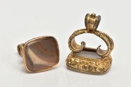 TWO LATE 19TH TO EARLY 20TH CENTURY HARDSTONE FOBS, both with curved rectangular panels, one