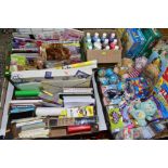 FOUR BOXES AND LOOSE TOYS, GAMES, STATIONERY AND CRAFT SUPPLIES, to include a sealed Upwords game