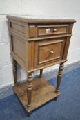 A 19TH CENTURTY FRENCH OAK POT CUPBOARD, with a marble insert, single drawer and a single door