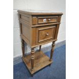 A 19TH CENTURTY FRENCH OAK POT CUPBOARD, with a marble insert, single drawer and a single door