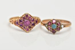 TWO LATE 19TH EARLY 20TH CENTURY GEM SET RINGS, to include a pink gem set cluster ring set in a