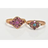 TWO LATE 19TH EARLY 20TH CENTURY GEM SET RINGS, to include a pink gem set cluster ring set in a