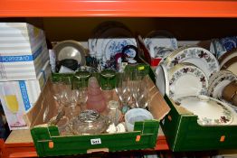 SIX BOXES OF CERAMICS AND GLASSWARES, to include a Royal Doulton Camelot TC1061 twenty eight piece