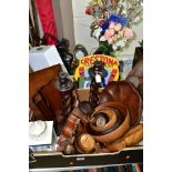 TWO BOXES OF SUNDRIES AND A BRASS STICK STAND containing treen, bowls, figures, barley twist