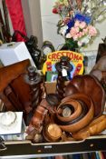 TWO BOXES OF SUNDRIES AND A BRASS STICK STAND containing treen, bowls, figures, barley twist