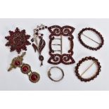 A SELECTION OF BOHEMIAN GARNET BROOCHES AND A BUCKLE, three brooches set with rose cut garnets