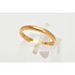 A 22CT GOLD WEDDING BAND RING, plain polished thin band, approximately 2.2mm, hallmarked 22ct gold