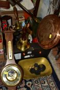 TWO BOXES AND LOOSE PICTURES, LINENS, METALWARES AND SUNDRY ITEMS, to include a copper warming