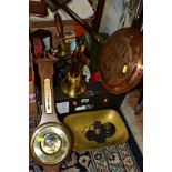 TWO BOXES AND LOOSE PICTURES, LINENS, METALWARES AND SUNDRY ITEMS, to include a copper warming