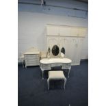 A FRENCH CREAM OLYMPUS STYLE BEDROOM SUITE, comprising of two sized double door wardrobes, with