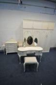A FRENCH CREAM OLYMPUS STYLE BEDROOM SUITE, comprising of two sized double door wardrobes, with