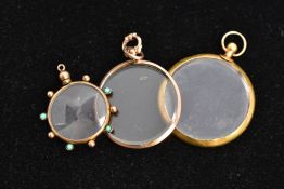 THREE GOLD MOUNTED PHOTOGRAPH PENDANTS, to include one glass pendant with a plain polished mount and