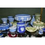 SIXTEEN PIECES OF WEDGWOOD JASPERWARE, colours comprise pale blue, dark blue jasper dip and pale