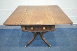 A REGENCY WALNUT PEDESTAL PEMBROKE TABLE, with a single and dummy drawer, on splayed legs, with