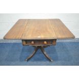 A REGENCY WALNUT PEDESTAL PEMBROKE TABLE, with a single and dummy drawer, on splayed legs, with