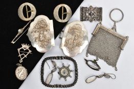 A SELECTION OF SILVER AND WHITE METAL ITEMS, to include a silver mesh coin purse, hallmarked