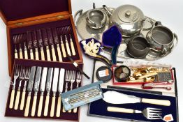 A BOX OF ASSORTED WHITE METAL WARE, to include a hammer effect oval pewter tray with teapot, milk