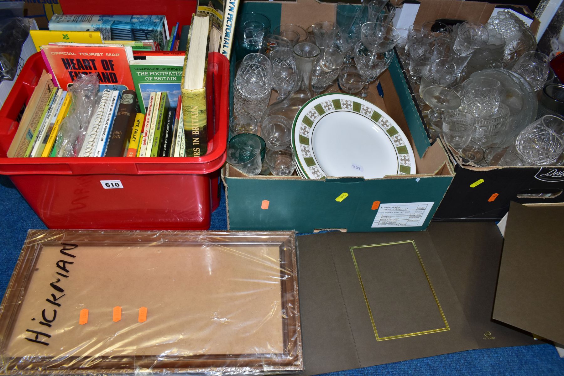 FIVE BOXES AND LOOSE BOOKS, PICTURES, CERAMIC PLATES AND GLASSWARES, to include a quantity of cut, - Image 2 of 12