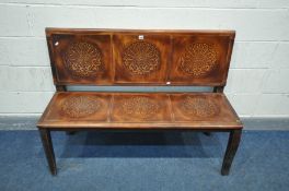 A STAINED BEECH BENTWOOD STYLE HALL SETTLE/BENCH, length 130cm