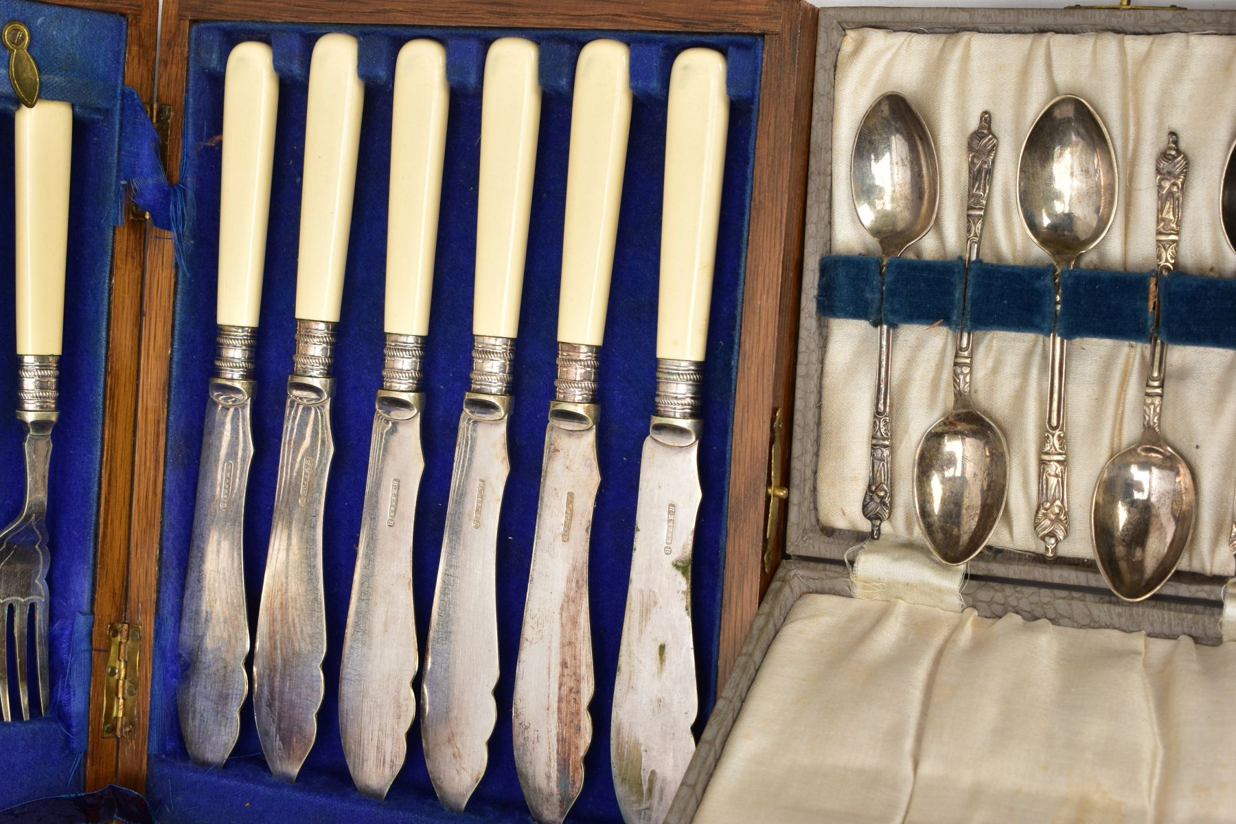 A BOX OF ASSORTED CASED SETS OF CUTLERY, to include a boxed set of six white metal egg cups, three - Image 4 of 8