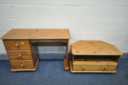 A PINE DRESSING TABLE with three drawers, stool, along with a tv stand (3)