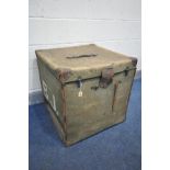 A VINTAGE GREEN CANVAS CUBED TRUNK, with an internal tray, and stencilled B.J to the sides, 63cm